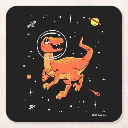 Orange Tyrannosaurus Dinos In Space Square Paper Coaster