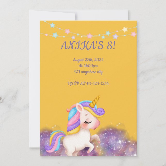 Orange unicorn birthday invitation  (Front)