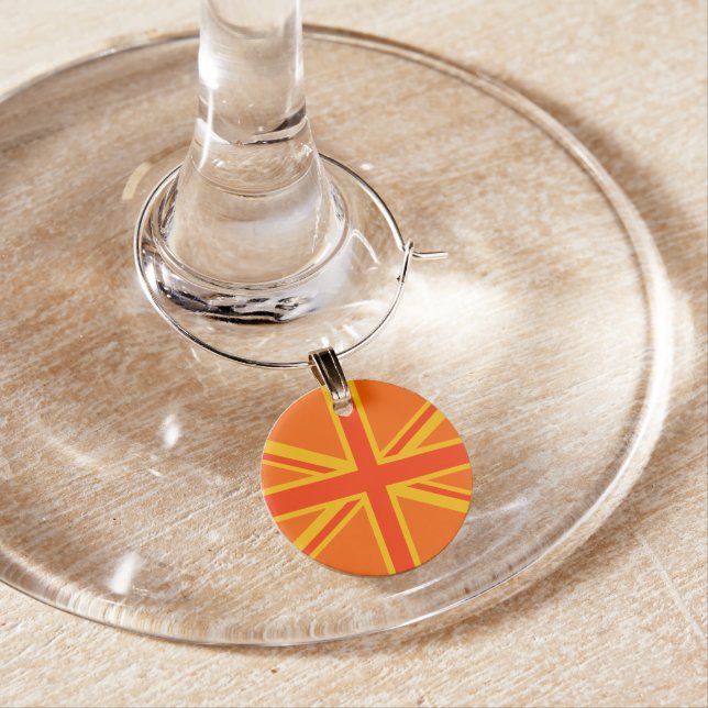Orange Union Jack British Flag Decor Wine Glass Charm (In Situ)