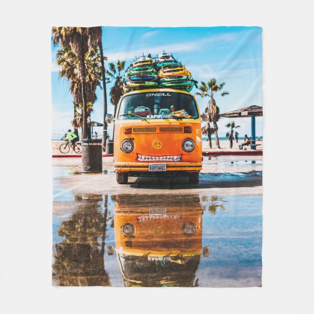 Orange van with surfboard on top fleece blanket (Front)