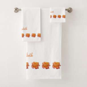Orange Varigated Rose Photo on White Orange Name  Bath Towel Set