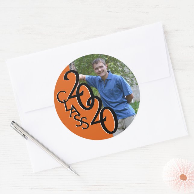 Orange Varsity 2020 Graduation Class with Photo Classic Round Sticker (Envelope)