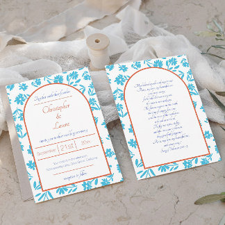 Orange Verona Sunset Blue Flowers Wedding Invitation