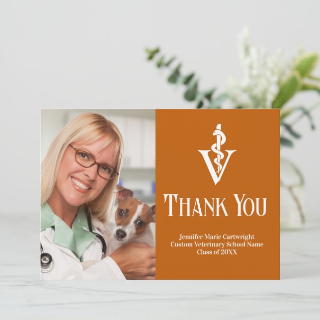 Orange Veterinarian Office Photo Customizable Thank You Card (Standing Front)