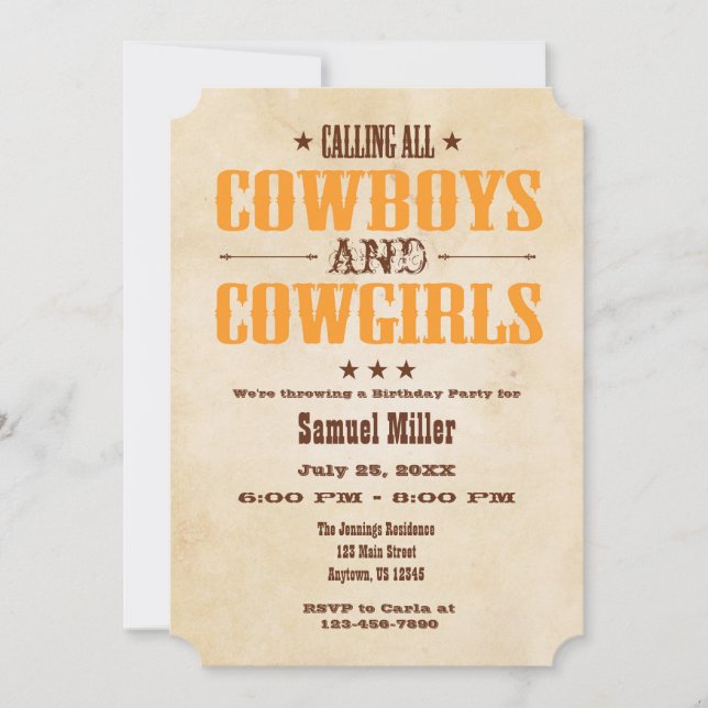 Orange Vintage Cowboy Birthday Invitation (Front)