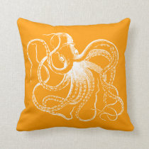 Orange Vintage Octopus &amp; Nautical Stripes Throw Pillow
