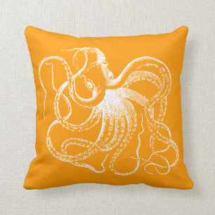 Orange Vintage Octopus & Nautical Stripes Throw Pillow