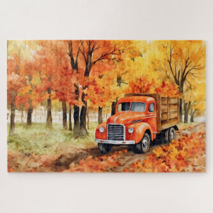 Orange Vintage Pickup Truck in Autumn 20x30 Jigsaw Puzzle