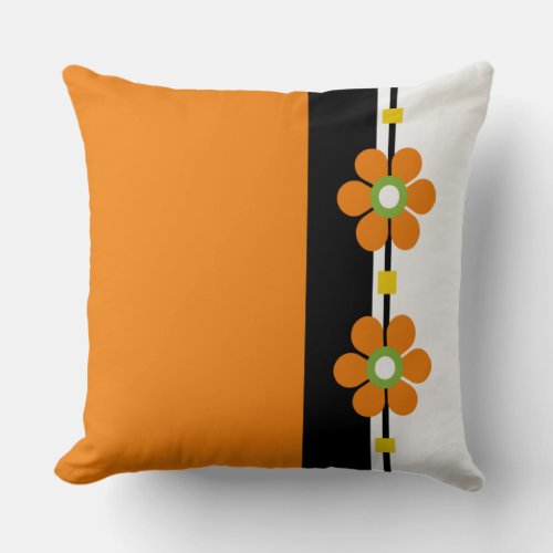Orange Vintage Style Mid Century 1960s Flower Powe Throw Pillow