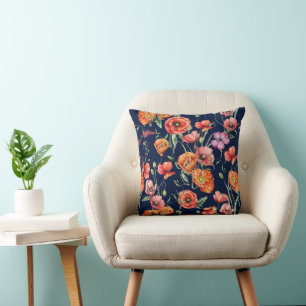 Orange Violet Poppy Summer Garden Pattern Throw Pillow