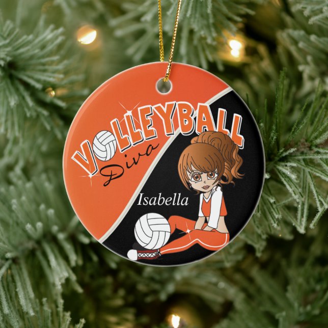 Orange Volleyball 🏐 Player Diva Girl Ceramic Ornament (Tree)
