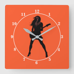 Orange Wall Clock with Guitar Player Woman