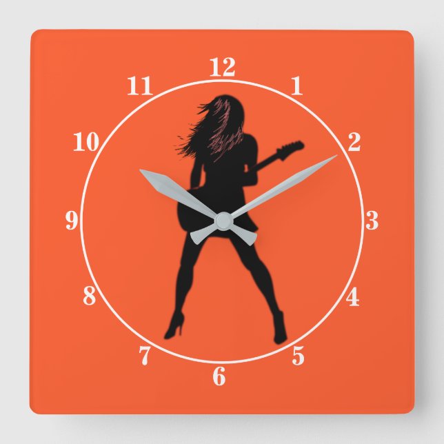 Orange Wall Clock with Guitar Player Woman (Front)
