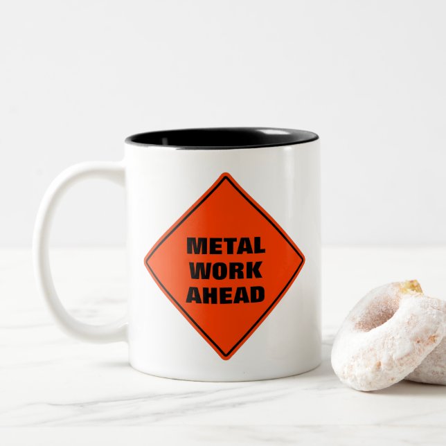 Orange warning sign metal work ahead Funny classic Two-Tone Coffee Mug (With Donut)