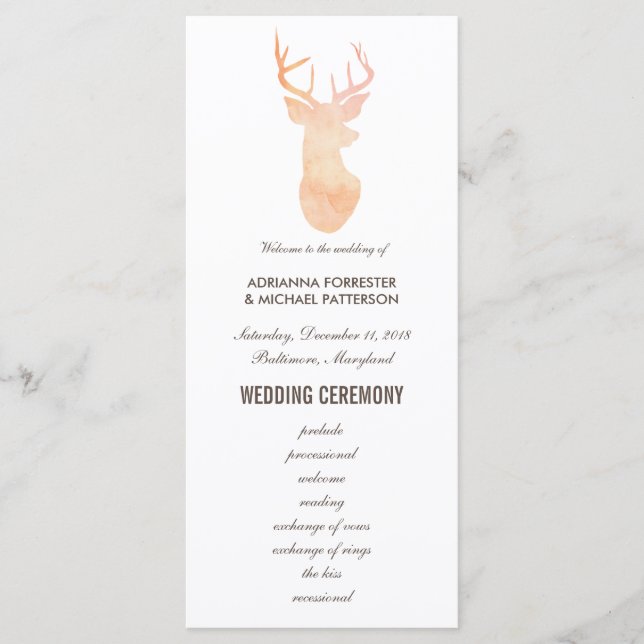 Orange Watercolor Antler Wedding Modern Program (Front)