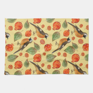 Orange Watercolor Birds and pomegranate Pattern Kitchen Towel