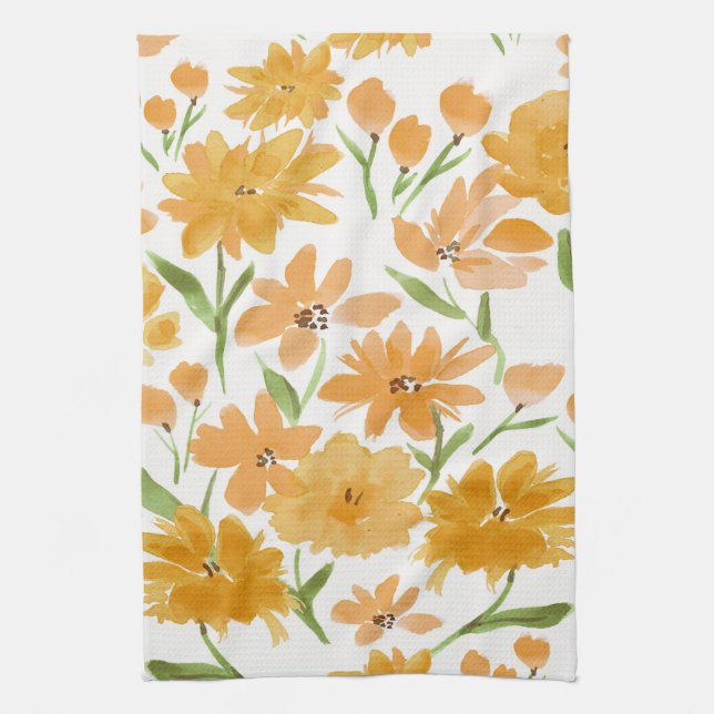 Orange Watercolor  Blooms Floral Kitchen Tea Towel (Vertical)