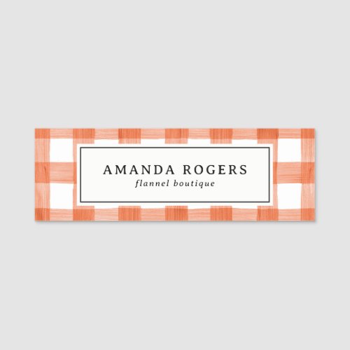 Orange Watercolor Buffalo Plaid Flannel employee Name Tag