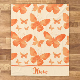 Orange Watercolor Butterflies Fleece Blanket