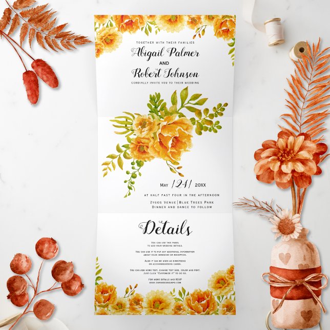 Orange watercolor cactus flowers wedding Tri-Fold invitation (Creator Uploaded)