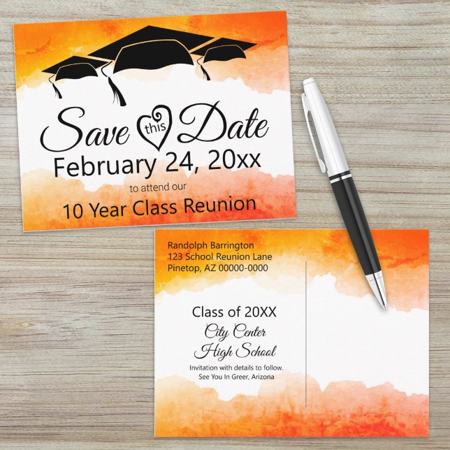 Orange Watercolor Class Reunion Save The Date Postcard