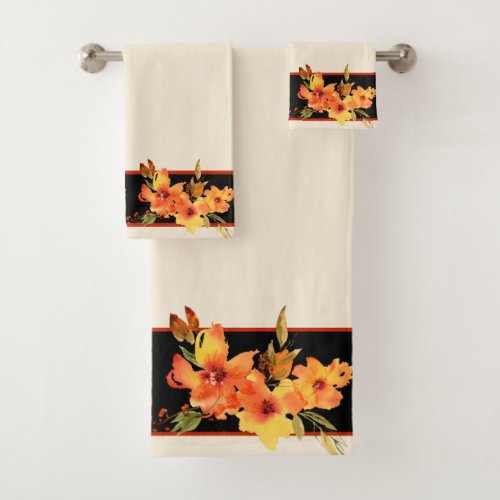 Orange watercolor fall floral   bath towel set