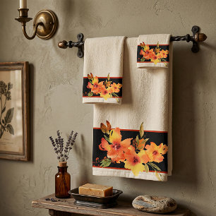 Orange watercolor fall floral bath towel set