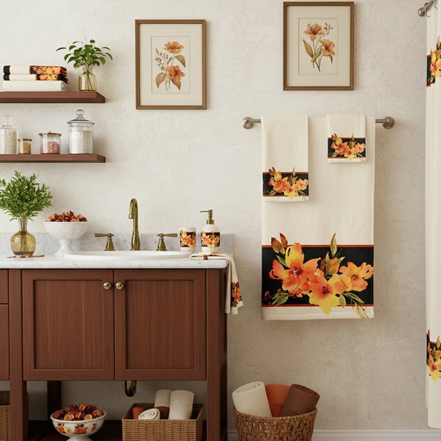 Orange watercolor fall floral   bath towel set (Creator Uploaded)