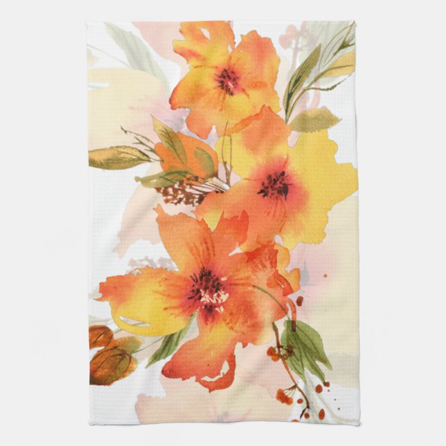 Orange watercolor fall floral kitchen towel (Vertical)