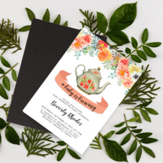 Orange Watercolor Floral Baby Shower Tea Party Invitation