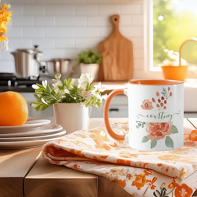 Orange watercolor floral personalized mug (Creator Uploaded)