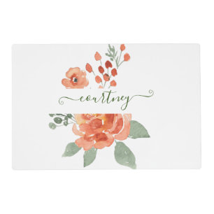 Orange watercolor floral personalized placemat