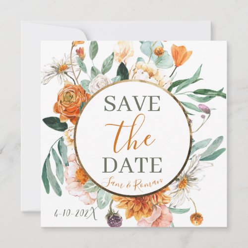 Orange Watercolor Floral Save the Date Card