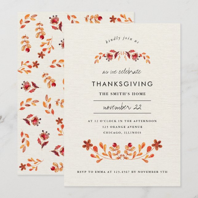 Orange Watercolor Floral Thanksgiving Party Invitation (Front/Back)