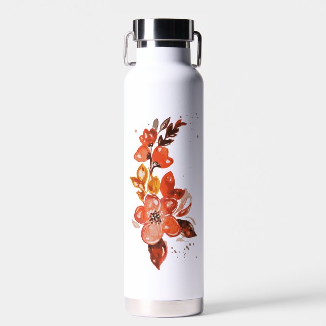 Orange Watercolor Floral Water Bottle (Front)