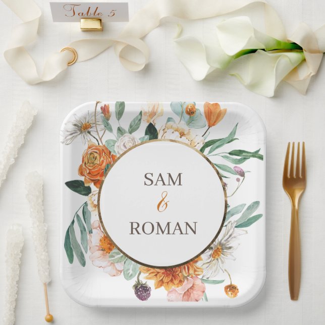Orange Watercolor Floral Wedding Paper Plates (Wedding)