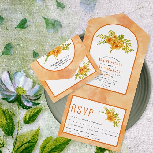 Orange watercolor flowers and arch floral wedding all in one invitation