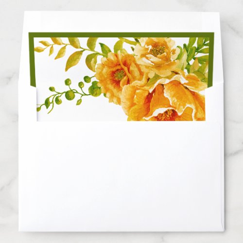 Orange watercolor flowers and border wedding envelope liner