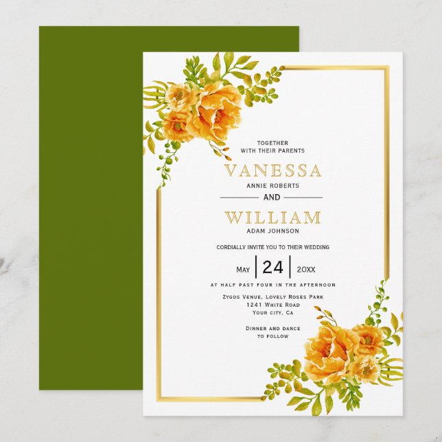 Orange watercolor flowers and gold frame wedding invitation (Front/Back)