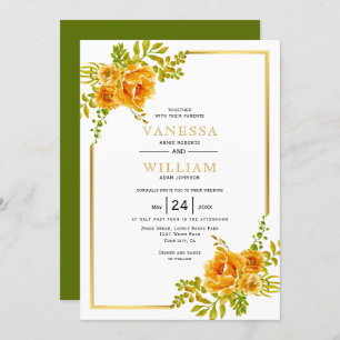 Orange watercolor flowers and gold frame wedding invitation