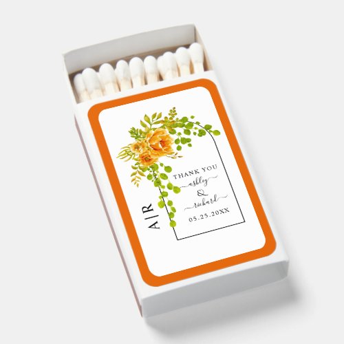 Orange watercolor flowers arch and border wedding matchboxes