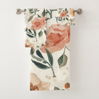 Orange Watercolor Flowers Botanical Painting Bath Towel Set