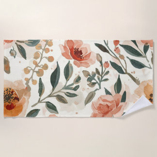 Orange Watercolor Flowers Botanical Painting Beach Towel