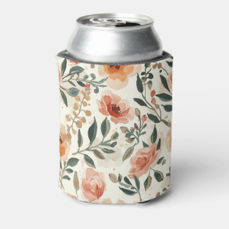 Orange Watercolor Flowers Botanical Painting Can Cooler
