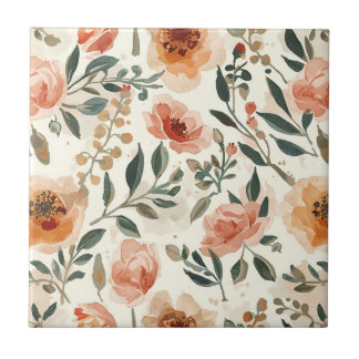 Orange Watercolor Flowers Botanical Painting Ceramic Tile