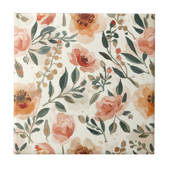 Orange Watercolor Flowers Botanical Painting Ceramic Tile (Front)