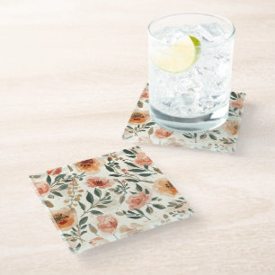 Orange Watercolor Flowers Botanical Painting Glass Coaster