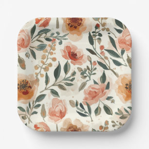 Orange Watercolor Flowers Botanical Painting Paper Plates