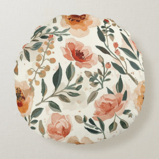 Orange Watercolor Flowers Botanical Painting Round Pillow
