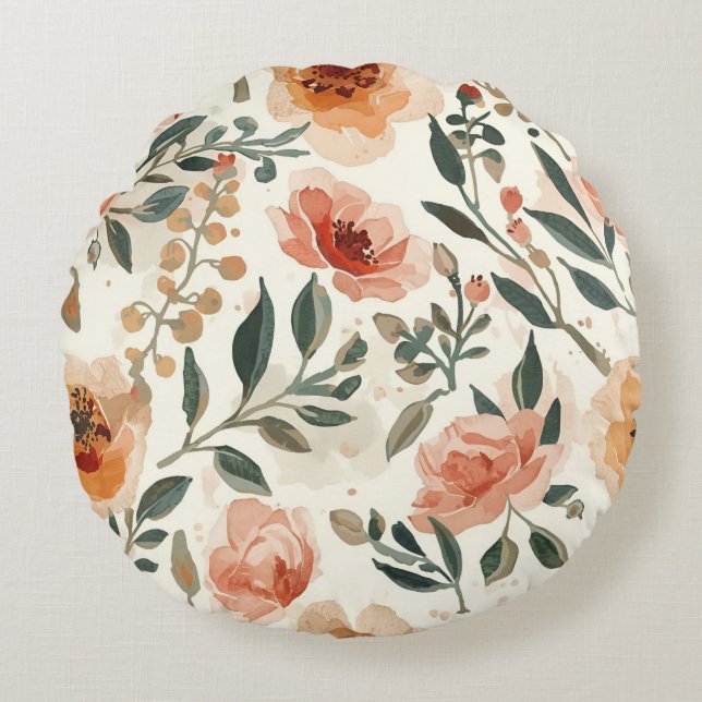 Orange Watercolor Flowers Botanical Painting Round Pillow (Front)